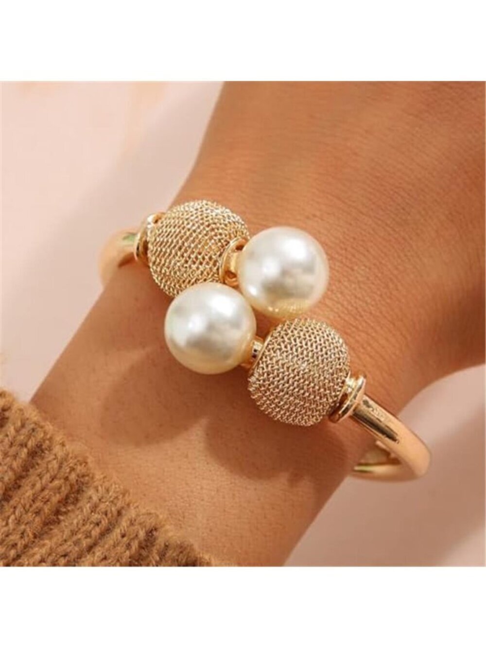 Modern Gold Pearl Open Cuff Bracelet